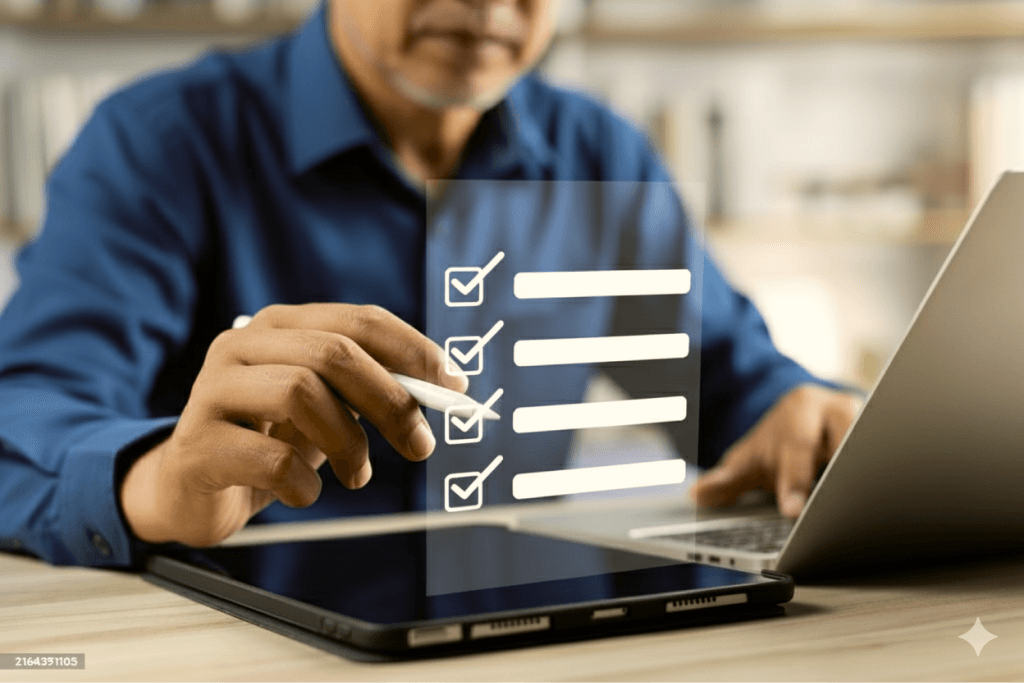 Person completing a checklist on a tablet