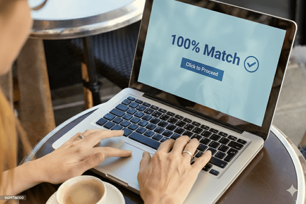 Laptop showing a successful match screen